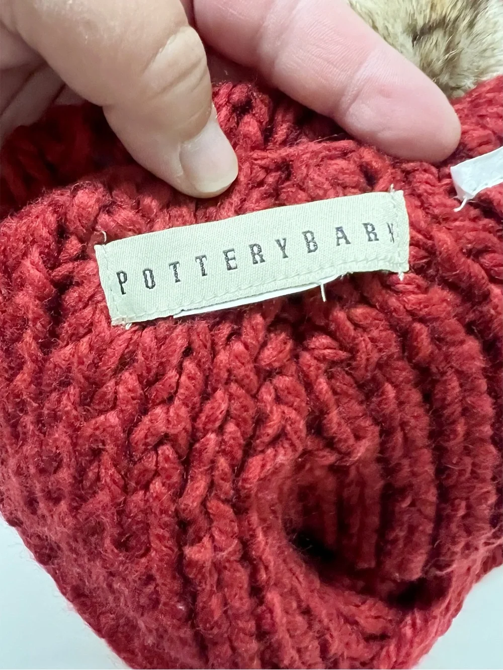 Pottery Barn Home Red Chunky Herringbone Knit Faux Fur Pom Pom Knit Throw